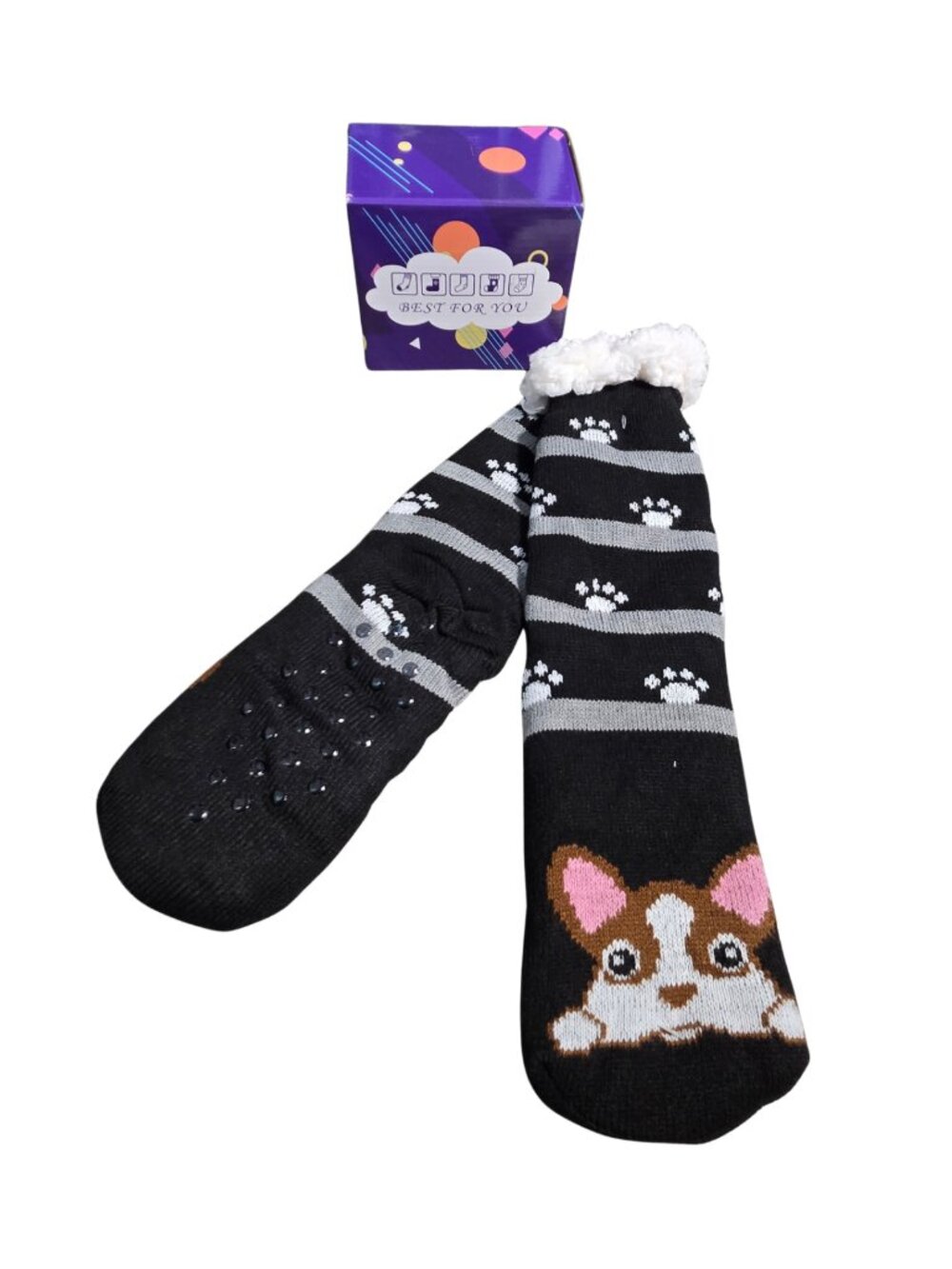 NIP Corgi Dog Fluffy Fleece Lined Non-Slip Slipper Socks Size 6-9
